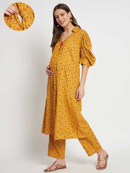 Mustard Printed Maternity Feeding Kurta Set