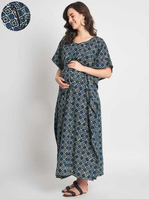 Indigo Cotton Printed Front Zipper Maternity Feeding Kaftan