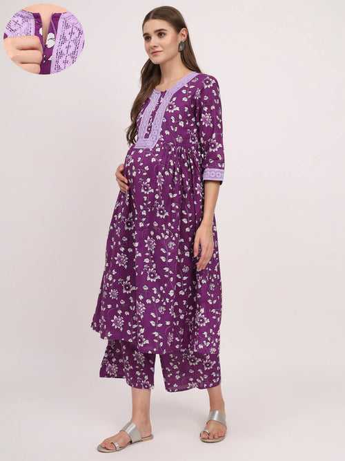 Purple Cotton Printed Maternity Feeding Kurta Set