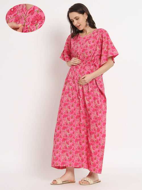 Fuchsia Printed Front Zipper Maternity Feeding Kaftan