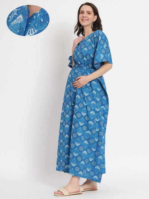Turquoise Printed Front Zipper Maternity Feeding Kaftan