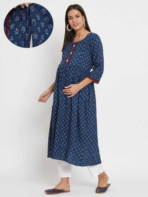 Indigo Cotton Printed Maternity Feeding Kurta