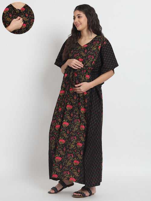 Black Multi Printed Front Zipper Maternity Feeding Kaftan
