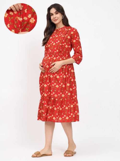 Red Printed Maternity Feeding Flared Dress