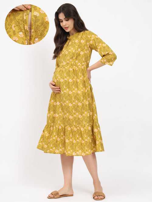 Mustard Printed Maternity Feeding Flared Dress