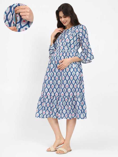 Indigo Printed Maternity Feeding Flared Dress