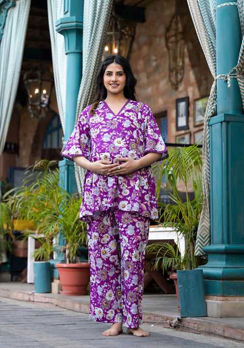 Purple Printed Maternity Feeding Night Suit