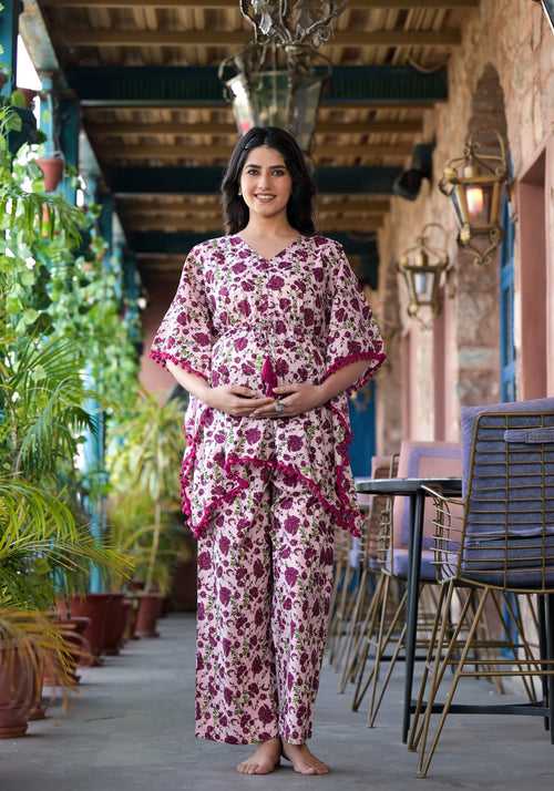 Pink Magenta Printed Maternity Feeding Kaftan Night Suit