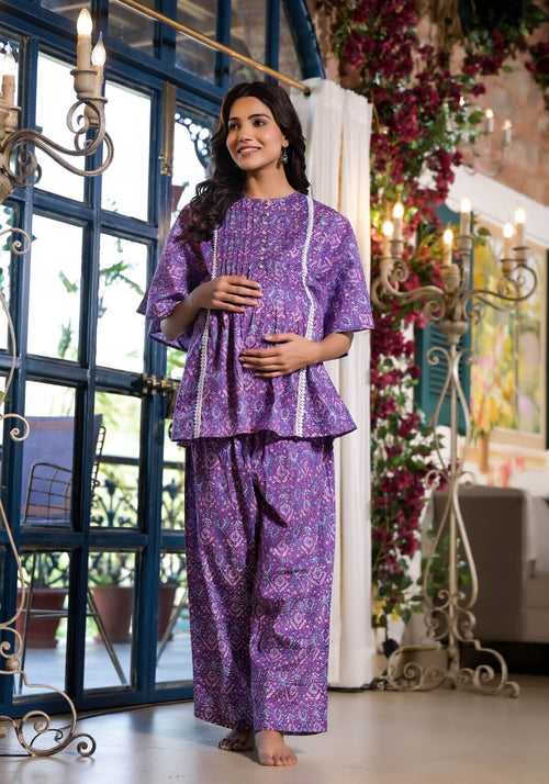 Purple Printed Maternity Feeding Night Suit