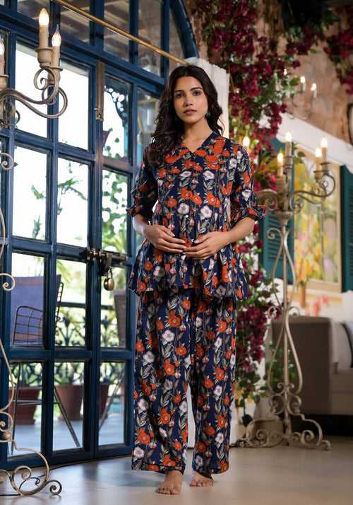Navy Blue Red Printed Maternity Feeding Night Suit