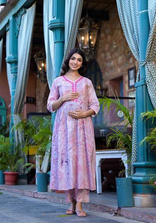 Brick Red Cotton Marble Hand Printed Maternity Feeding Kurta Set