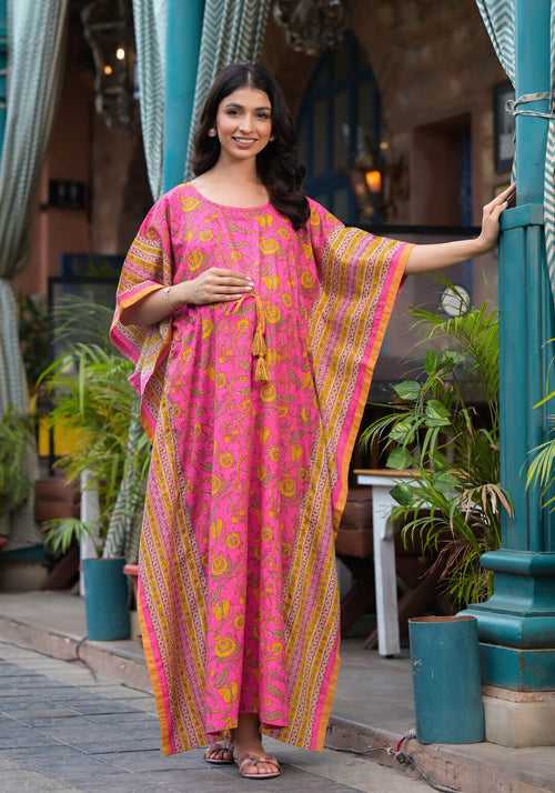 Pink Multi Printed Front Zipper Maternity Feeding Kaftan