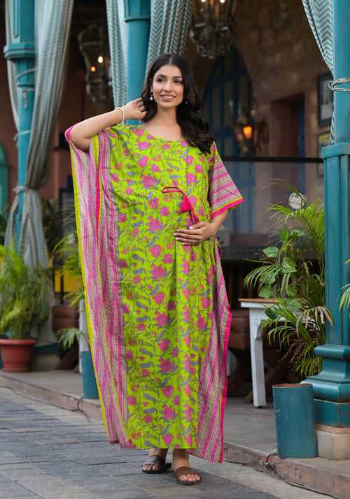 Green Multi Printed Front Zipper Maternity Feeding Kaftan