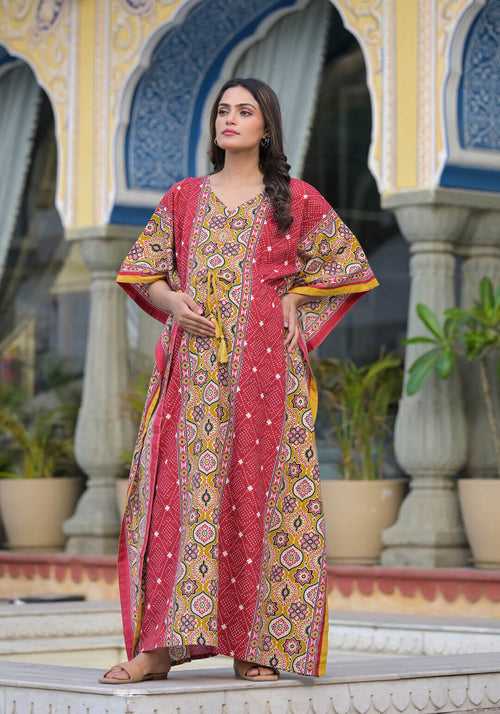 Red Mustard Printed Front Zipper Maternity Feeding Kaftan