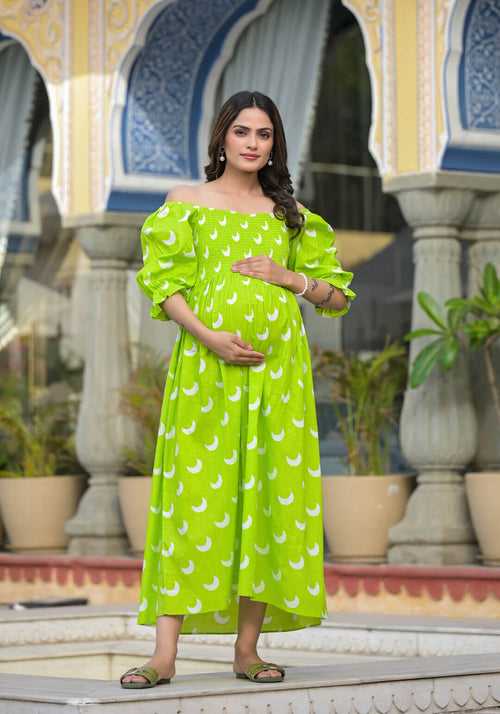 Lime Green Printed Maternity Flared Dress