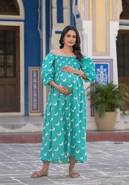 Mint Green Printed Maternity Flared Dress