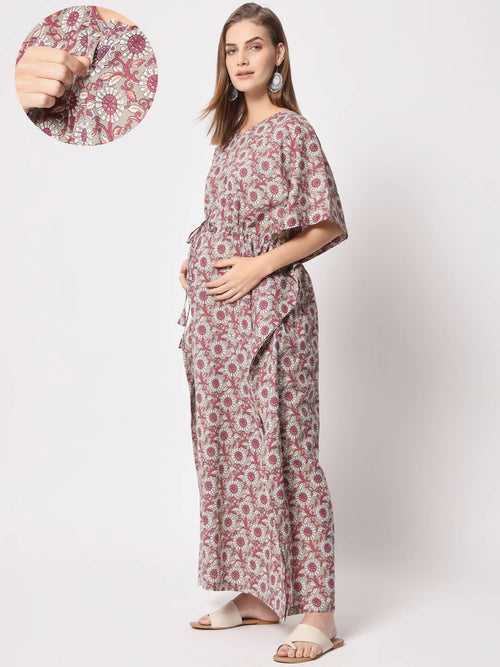 Beige Multi Cotton Printed Maternity Front Zipper Feeding Kaftan