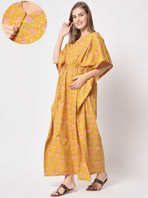 Mustard Multi Cotton Printed Maternity Front Zipper Feeding Kaftan