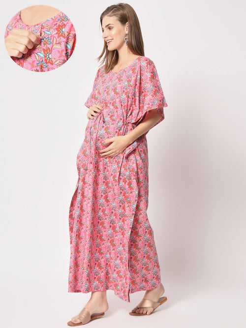 Pink Multi Cotton Printed Maternity Front Zipper Feeding Kaftan