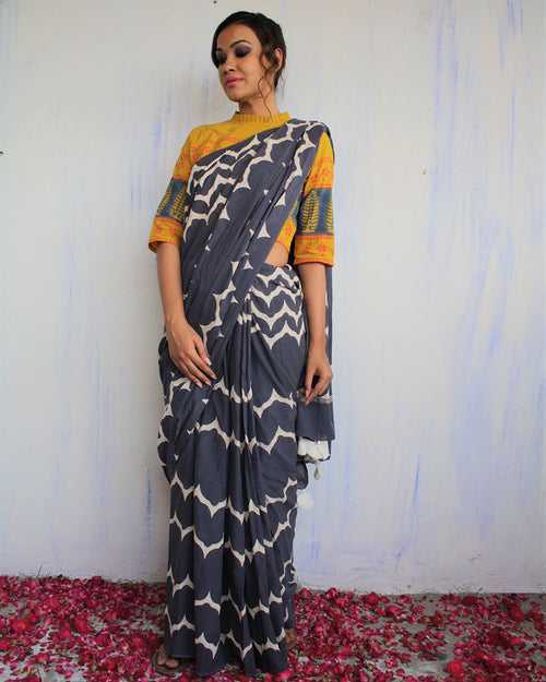 Midnight Blue & White Printed Pure Cotton Saree