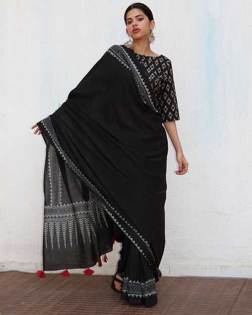 Barbara Blockprinted Cotton Saree - NOMAD