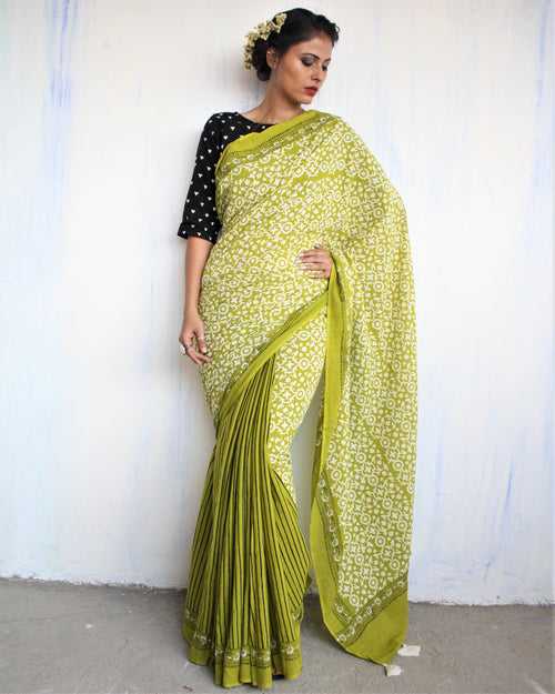 Green & Off White Ethnic Motifs Pure Cotton Saree