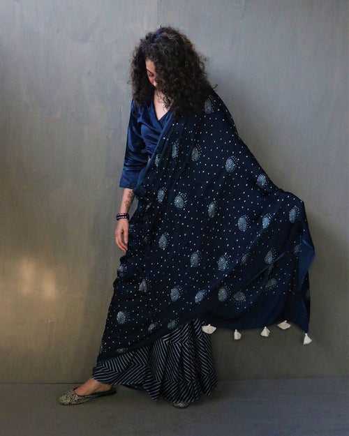 Blue Luna Block Printed Modal Silk Saree