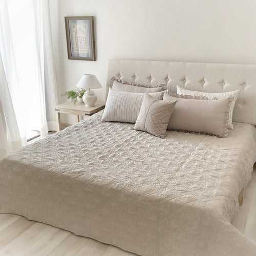Diamond Summers in Ecru - A Handcrafted Kantha Bedspread - Comes with Two Pleated Linen Pillowslips