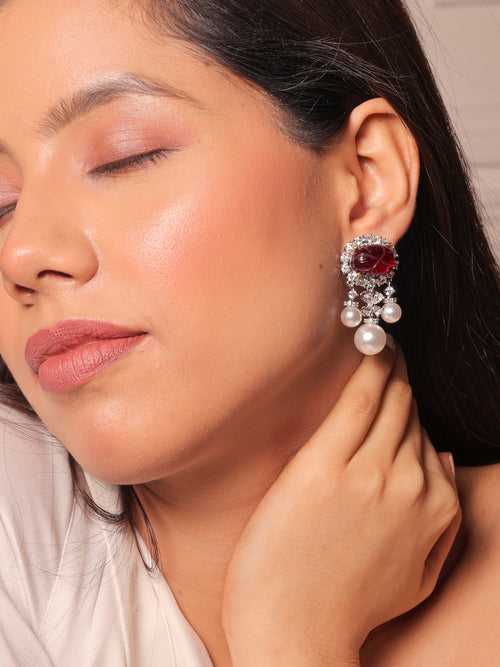 Ruby Red Diamante Pearls Dangling Earrings