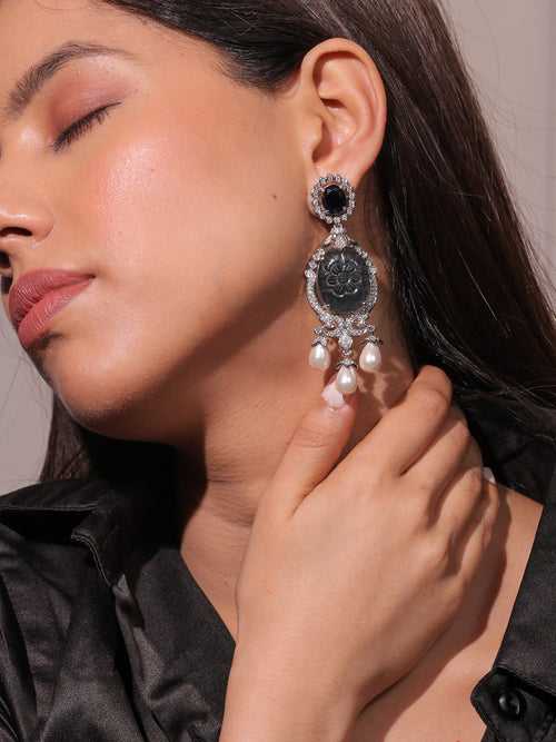 Diamante Pearl Drop Black Earrings