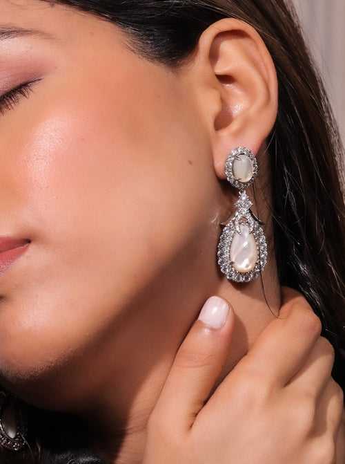 Diamante Pearl White Drop Long Earrings