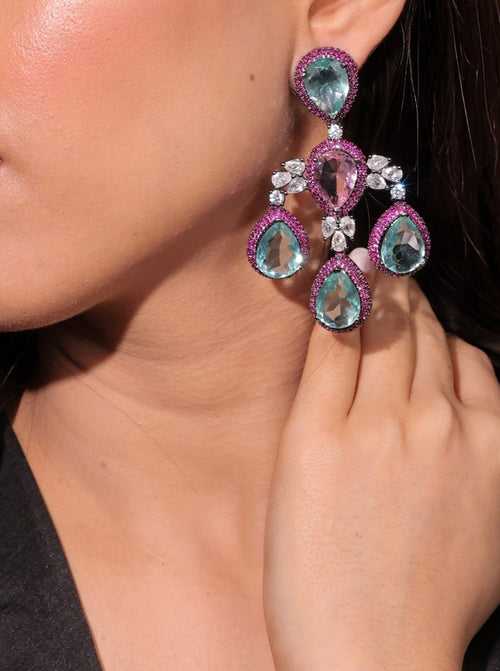 Diamante Majestic Blue and Pink Cocktail Earrings