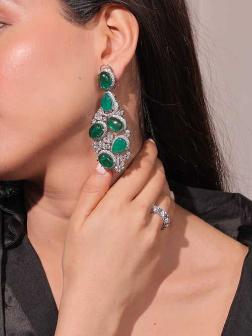 Diamante Emerald Green Long Dangler Earrings