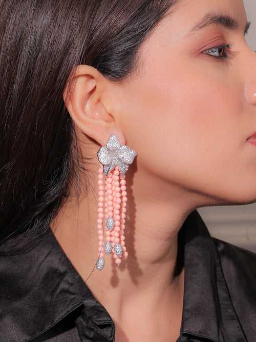 Diamante Flower with Peach Bead Strings Long Dangler Earrings