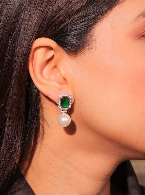 Diamante Emerald Green Pearl Baubles Earrings