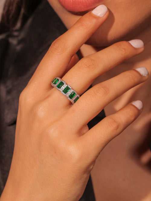 Diamante Sapphire Green Baguette Cut Cocktail Ring