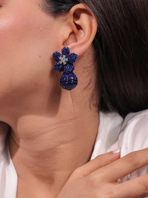 Navy Blue Floral Bauble Earrings