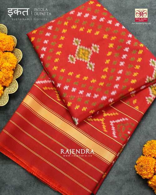 Traditional Bandhani Design Red Single Ikat Rajkot Patola Dupatta