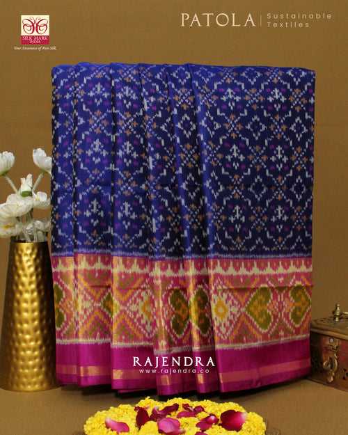 Traditional Buttonful Bhat Pink and Blue Single Ikat Rajkot Patola Saree