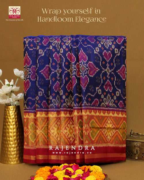 Traditional Chabadi Bhat Red and Blue Single Ikkat Rajkot Patola Saree