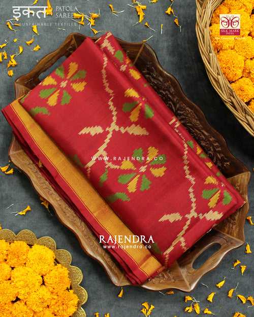 Exclusive Flowers Bhat Red Single Ikat Rajkot Patola Saree