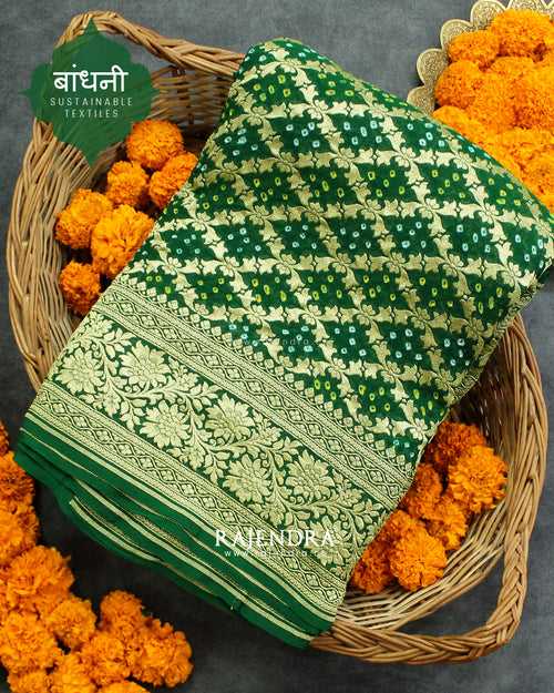 Traditional Khadi Georgette Green Banarasi Bandhani Saree