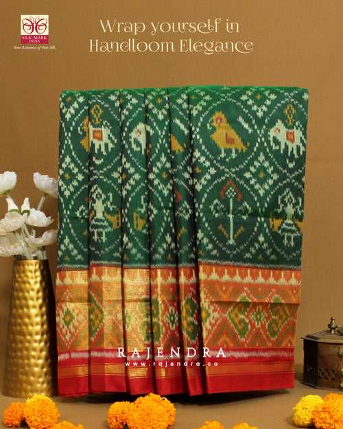 Handwoven Hathi Popat Design Red and Green Single Ikat Rajkot Patola Saree