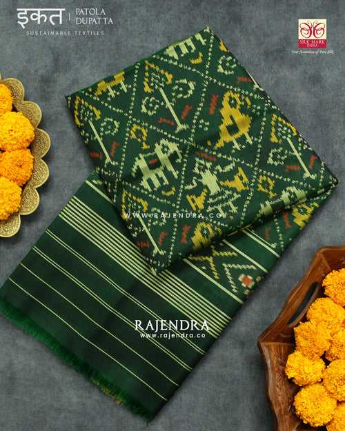 Traditional Hathi Popat Green Single Ikat Rajkot Patola Dupatta