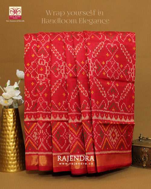 Traditional Manekchowk Bhat Red Single Ikkat Rajkot Patola Saree