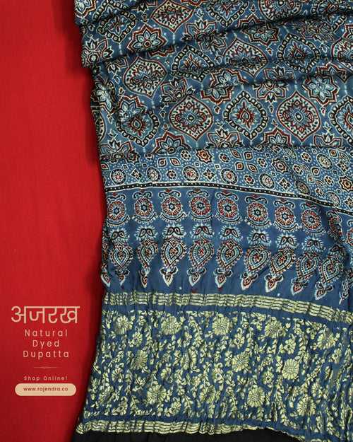 Traditional Indigo Blue Ajrakh Natural Dyed Modal Silk Dupatta