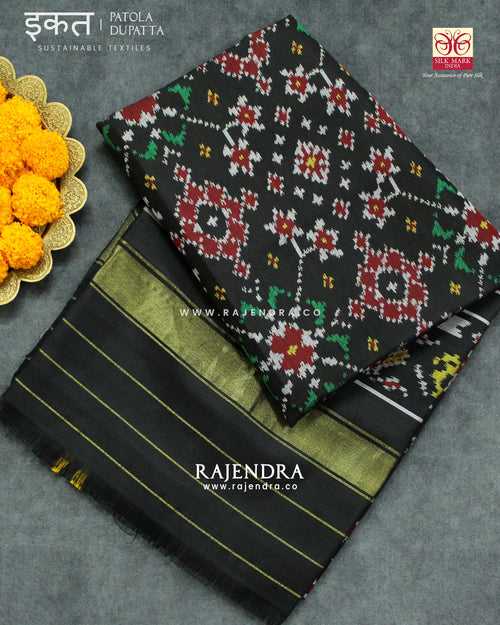 Traditional Navratna Design Black Semi Double Ikat Rajkot Patola Dupatta