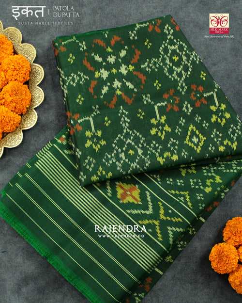 Traditional Navratna Bhat Green Single Ikat Rajkot Patola Dupatta