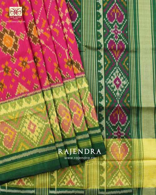 Traditional Navratna Bhat Pink and Green Single Ikat Rajkot Patola Saree