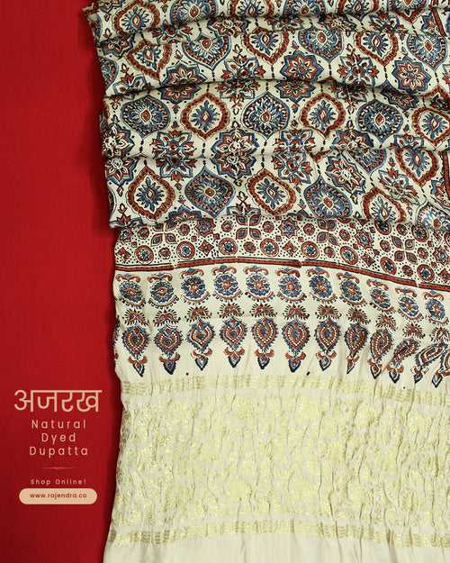Traditional Off-white Ajrakh Natural Dyed Modal Silk Dupatta